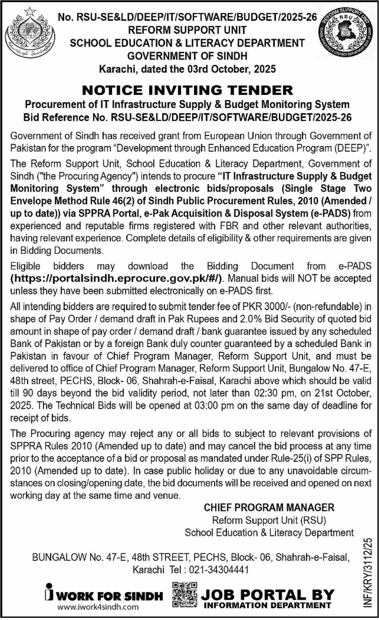 School Education & Literacy Department Karachi Tender Notice